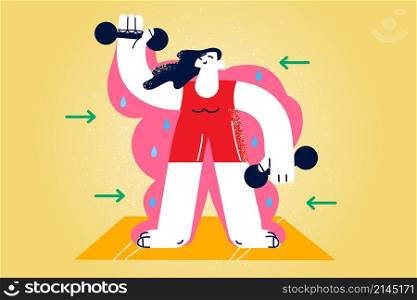 Happy woman in sportswear do sports lift dumbbells lose weight and diet. Smiling female exercise train for healthy toned body figure. Weightloss and physical activity. Flat vector illustration. . Woman in sportswear exercise with dumbbells