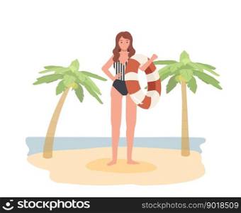 happy woman in swim suit holding swim ring, life ring on the beach. Flat vector illustration