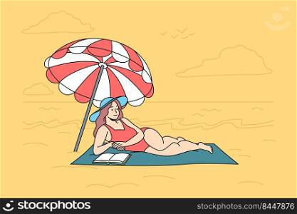 Happy woman in swimsuit lying on beach reading book. Smiling girl in biking relax on seashore sunbathing enjoying summer holidays. Vector illustration.. Happy woman in swimsuit lying on beach