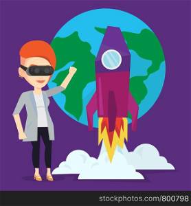 Happy woman in virtual reality headset flying in open space. Young caucasian woman wearing futuristic virtual reality glasses and playing video game. Vector flat design illustration. Square layout.. Woman in vr headset flying in open space.
