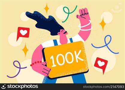 Happy woman influencer celebrate large number of followers on social media. Smiling girl blogger have thousands of subscriptions on online channel. Blogging concept. Vector illustration. . Happy influencer celebrate followers growth on social media