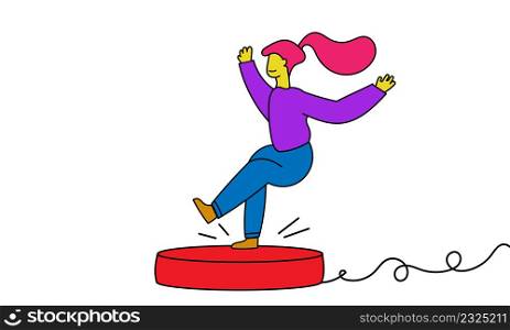 Happy woman jumping on button. Female person jump and fun. Success human success celebration vector illustration concept. Funny character joy and teenager happiness. Cheerful girl dance and smiling