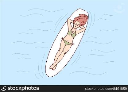 Happy woman lying on board swimming in sea on summer vacations. Smiling girl enjoy summertime in swimming pool. Recreation concept. Vector illustration. . Happy woman lying on board in sea
