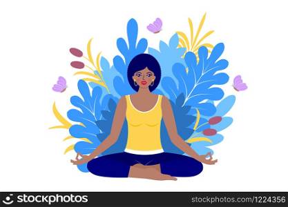 Happy woman meditates sitting on nature. Yoga concept.