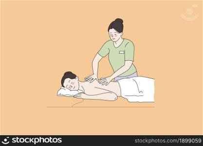 Happy woman on table get massage in professional beauty salon. Calm naked girl client customer have body care or treatment in spa. Cosmetic industry, relaxation concept. Flat vector illustration. . Happy woman massaged in modern luxury spa salon
