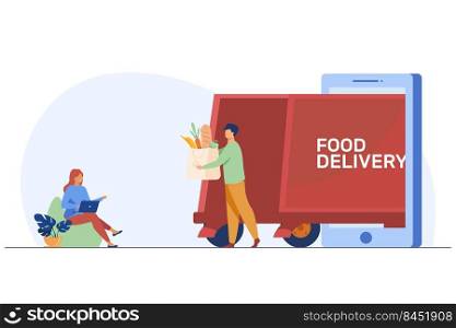 Happy woman ordering food online. Smartphone, laptop, courier flat vector illustration. Delivery service and nutrition concept for banner, website design or landing web page