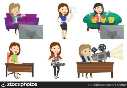 Happy woman playing video game. An excited young woman playing video game at home. Woman celebrating her victory in video game. Set of vector flat design illustrations isolated on white background.. Vector set of media people characters.