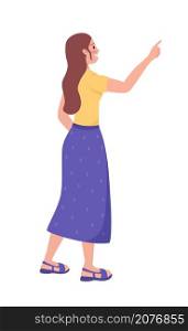 Happy woman pointing with hand semi flat color vector character. Standing figure. Full body person on white. Show direction isolated modern cartoon style illustration for graphic design and animation. Happy woman pointing with hand semi flat color vector character
