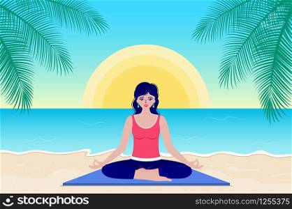 Happy woman practice yoga in the morning sitting on the sea beach.