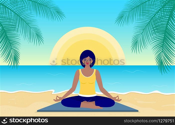 Happy woman practice yoga in the morning sitting on the sea beach.
