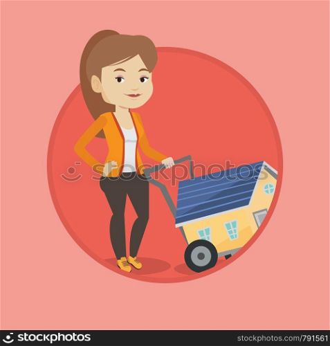 Happy woman pushing a shopping trolley with a house. Young woman buying home. Woman using shopping trolley to transport a house. Vector flat design illustration in the circle isolated on background.. Young woman buying house vector illustration.