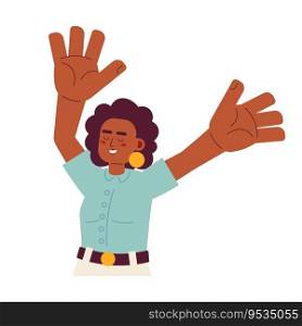 Happy woman raising hands up semi flat color vector character. Girl overwhelmed with happiness. Editable half body person on white. Simple cartoon spot illustration for web graphic design. Happy woman raising hands up semi flat color vector character