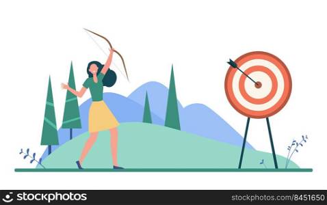 Happy woman reaching target or goal. Arrow, achievement, aim flat vector illustration. Targetting and business concept for banner, website design or landing web page