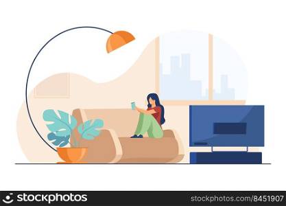 Happy woman reading book at home. Girl on couch in living room with TV flat vector illustration. Leisure, literature, entertainment concept for banner, website design or landing web page