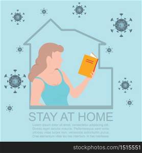 Happy woman reading book during isolation.Stay at home during the coronavirus epidemic. Female employee works from home. Coronavirus conceptual Vector illustration.