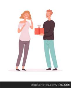 Happy woman receives gift. Husband and wife, guy gives present to girl. Anniversary or birthday, friendship or family holiday vector illustration. Husband present gift to wife, happy girlfriend. Happy woman receives gift. Husband and wife, guy gives present to girl. Anniversary or birthday, friendship or family holiday vector illustration
