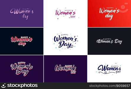 Happy Woman&rsquo;s Day handwritten lettering set March 8th modern calligraphy collection on white background. suitable for greeting or invitation cards. festive tags. and posters