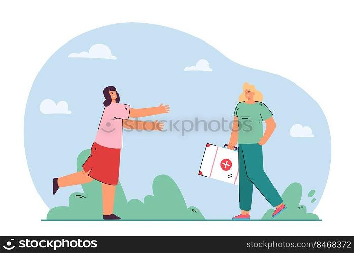 Happy woman running to meet doctor. Smiling female patient welcoming medical specialist coming to help. First aid, ambulance, good medical service. Flat vector illustration. 
