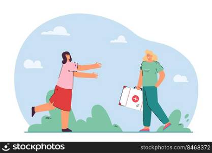 Happy woman running to meet doctor. Smiling female patient welcoming medical specialist coming to help. First aid, ambulance, good medical service. Flat vector illustration. 