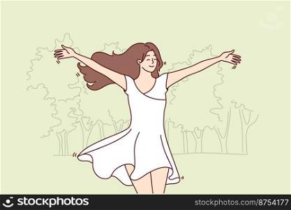 Happy woman runs through park in white flowing dress and enjoys warm summer weather. Young beautiful lady with long hair rejoices in walk and hot spring day. Flat vector illustration. Happy woman runs through park in white flowing dress and enjoys warm summer weather. Vector image