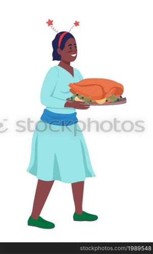 Happy woman serve turkey semi flat color vector character. Posing figure. Full body person on white. Festive home dinner isolated modern cartoon style illustration for graphic design and animation. Happy woman serve turkey semi flat color vector character