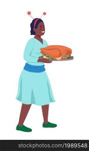 Happy woman serve turkey semi flat color vector character. Posing figure. Full body person on white. Festive home dinner isolated modern cartoon style illustration for graphic design and animation. Happy woman serve turkey semi flat color vector character