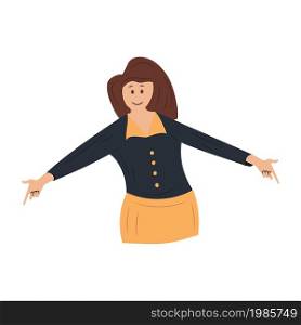 Happy woman showing positive emotions and hand gesture. Happiness girl communication character expression and smile. Human different sign .Greeting language emotion cartoon flat vector illustration
