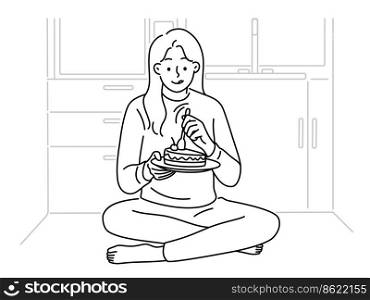 Happy woman sit on kitchen floor near fridge eating chocolate cake. Smiling girl enjoy tasty dessert at home. Diet and guilty pleasure. Vector illustration. . Woman sit on floor eat chocolate cake 