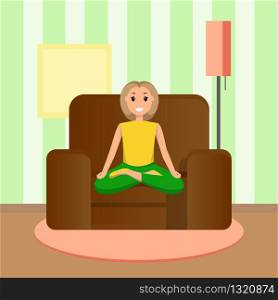 Happy Woman Sits Lotus Position, Doing Home Sport. Image Character Young Smiling Girl Doing Yoga. Woman Sits in Chair Home Interior against Striped Wall. Healthy Lifestyle