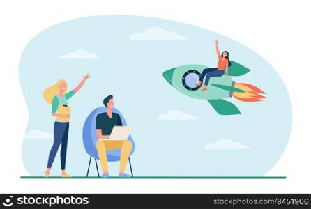 Happy woman sitting on rocket and waving colleagues. Fire, start, laptop flat vector illustration. Project startup and new business concept for banner, website design or landing web page