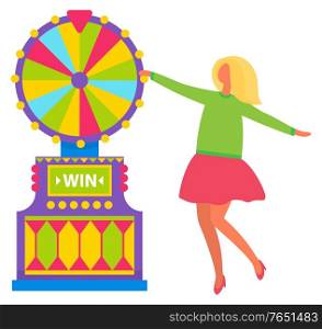 Happy woman spinning fortune wheel in casino vector, isolated person dancing. Gambler lady winning money, gambling games to try luck and take risk. Woman Turning Fortune Wheel and Dancing Vector