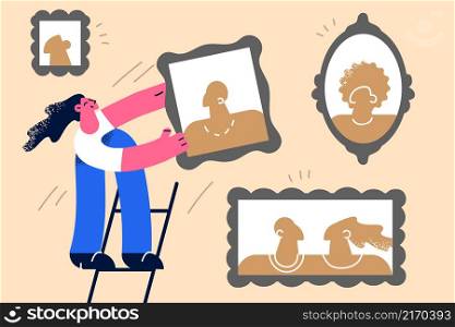 Happy woman stand on ladder hang frames with photos on wall decorate home. Smiling girl put photographs or relatives and family for house decoration. Love and bonding concept. Vector illustration. . Happy woman hang relatives photos on wall