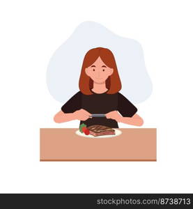 Happy Woman taking a photo of her food. Flat vector cartoon character illustration.
