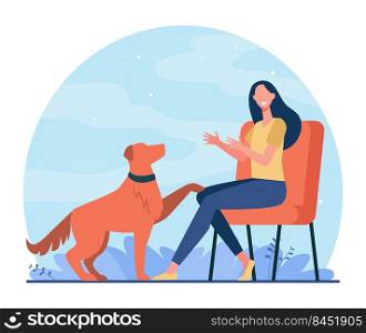 Happy woman training dog and sitting on chair. Canine, friend, retriever flat vector illustration. Domestic animals and pets concept for banner, website design or landing web page