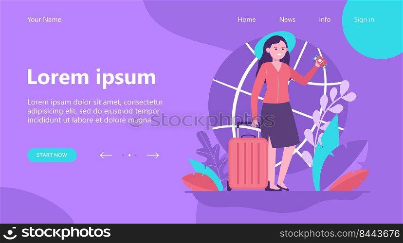 Happy woman travelling to other country. Ticket, bag, journey flat vector illustration. Trip and vacation concept for banner, website design or landing web page