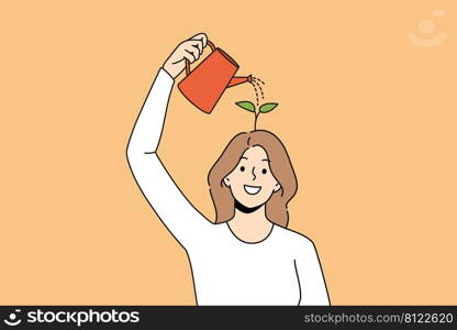 Happy woman use water can watering seedling in brain improving creativity thinking. Smiling girl involved in self-improvement process. Mindset and mental growth. Vector illustration. . Smiling girl watering seedling in brain