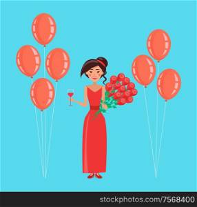 Happy woman vector, lady holding balloons, rose bouquet and wine glass. Flowers given to female, celebration of holiday, person wearing red dress. Happy Woman Holding Balloons and Rose Bouquet