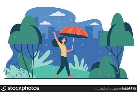 Happy woman walking in rainy day with umbrella isolated flat vector illustration. Cartoon female character being outdoors and autumn rain. Landscape and weather concept