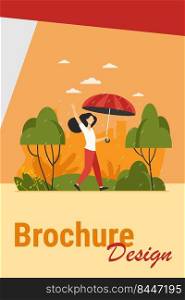 Happy woman walking in rainy day with umbrella isolated flat vector illustration. Cartoon female character being outdoors and autumn rain. Landscape and weather concept