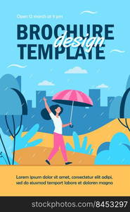 Happy woman walking in rainy day with umbrella isolated flat vector illustration. Cartoon female character being outdoors and autumn rain. Landscape and weather concept