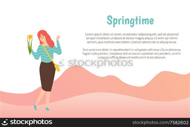 Happy woman walking with flower, girl wearing skirt, blouse and handbag. Springtime postcard or webpage decorated by smiling female holding blossom vector. Smiling Woman Holding Flower, Springtime Vector