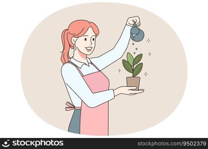 Happy woman watering plant. Smiling female in apron take care of houseplant. Gardening and horticulture. Vector illustration.. Happy woman watering plant