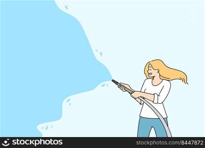 Happy woman watering with hose during summer activity festival. Smiling female have fun splashing water. Summer seasonal time. Vector illustration.. Happy woman watering with hose