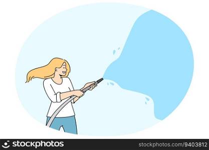 Happy woman watering with hose during summer activity festival. Smiling female have fun splashing water. Summer seasonal time. Vector illustration.. Happy woman watering with hose