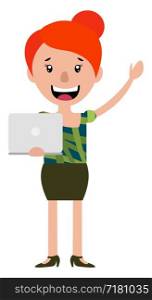 Happy woman waving and holding a laptop illustration vector on white background