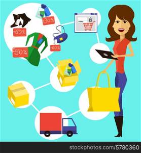 Happy woman with a bag and phone in hands of store. Online shopping icons store elements fashion purchases bag tag shoes gift lable smartphone with discount flat design cartoon style