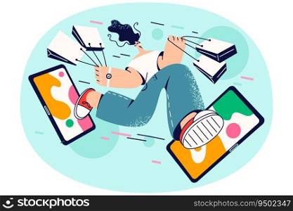 Happy woman with bags feel excited shopping online on sales on gadget. Smiling girl buying on internet on discount. Application offer and promotion. Vector illustration.. Smiling girl buying on sale online