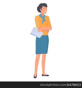 Happy Woman with Blue Shawl on Neck with Report. Happy woman with blue shawl on neck with report on paper. Cheerful female stands with folded arms under breast, vector illustration.