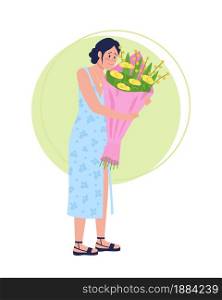 Happy woman with bouquet semi flat color vector character. Posing figure. Full body person on white. Flower delivery isolated modern cartoon style illustration for graphic design and animation. Happy woman with bouquet semi flat color vector character