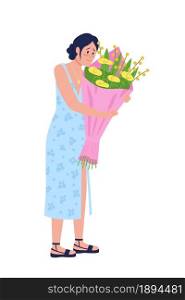 Happy woman with bouquet semi flat color vector character. Posing figure. Full body person on white. Receiving flowers isolated modern cartoon style illustration for graphic design and animation. Happy woman with bouquet semi flat color vector character